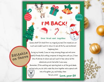 Editable Elf Arrival Letter Return Letter Christmas Elf I'm Back Elf Welcome Christmas Elf Letter From Your Elf Printable Instant Download