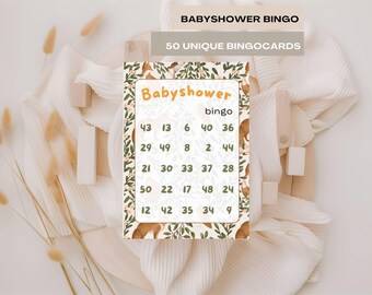 May include: A Babyshower Bingo card with the text "BABYSHOWER BINGO" and "50 UNIQUE BINGOCARDS". The bingo card has a floral border and the word "Babyshower" in orange. Numbers are arranged in a grid.