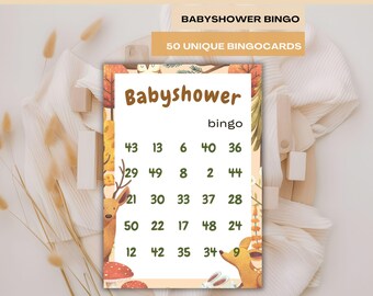 May include: A Babyshower Bingo card with a fall theme. The card features the text "Babyshower Bingo" and "50 Unique Bingocards". The bingo card has numbers and illustrations of a deer, mushrooms, and a rabbit.