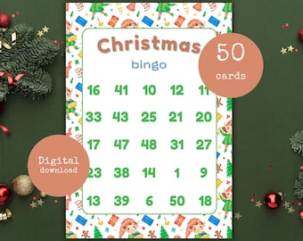 May include: A Christmas bingo game card with a festive design. The card features the word "Christmas" and "bingo" in brown and blue, with numbers arranged in a grid. A circular label indicates "50 cards". The words "Digital download" are also visible.