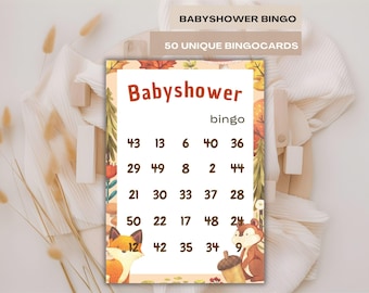 May include: A Babyshower Bingo card with a fall theme. The card features the text "Babyshower Bingo" and "50 Unique Bingocards". The bingo card has a beige background with a fox and squirrel illustration. Numbers are arranged in a grid.