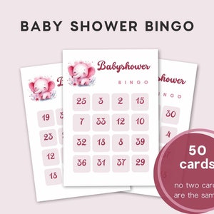 Bingokaarten voor babyshowers| 50 kant-en-klare babybingokaarten| unieke bingokaarten| babyshoweractiviteit| bingospel babyshower| babymeisje
