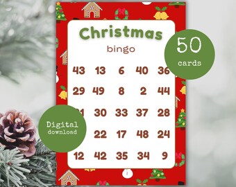 May include: A festive Christmas bingo card with a red background and a white center. The card features the text "Christmas bingo" and a grid of numbers. A green circle indicates "50 cards" and another says "Digital download".