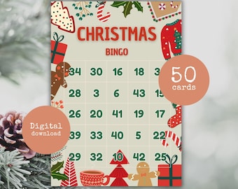 May include: A Christmas Bingo game card with a beige background and festive illustrations. The card features the text "CHRISTMAS BINGO" and a grid of numbers. Includes a circle that says "50 cards" and another that says "Digital download".