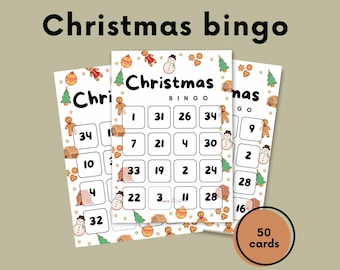 May include: Three Christmas bingo cards with festive illustrations of gingerbread men, snowmen, and Christmas trees. The cards are white with a grid of numbers and the text "Christmas Bingo". A circular graphic indicates "50 cards".