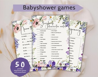 May include: Three printable baby shower game sheets with floral accents. Games include "Name That Baby Song", "Storybook Character Match", and a pregnancy-themed game. A purple circle indicates "50 printable babyshower games with answersheets".