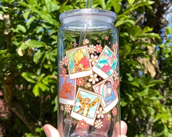 Vaso acrílico de Winnie the Pooh, floral, 16 oz, tapa y pajita
