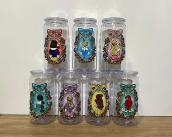 Retrato floral de princesa, magia, ratón mágico, vaso de plástico acrílico de 473 ml (16 oz), tapa y pajita, doble cara