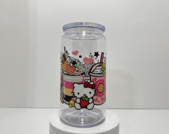 Kawaii kitty, HK, hello cat, 16oz Libbey plastic acrylic tumbler cup, lid and straw, double sided, UV DTF