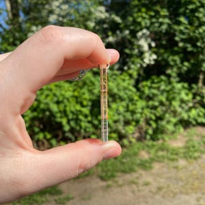May include: A clear, rectangular pendant with a gold-colored top and bottom, filled with green and yellow elements. The pendant is held between fingers against a backdrop of green foliage and sunlight.