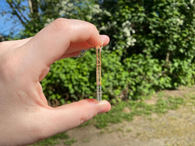 May include: A clear, rectangular pendant with a gold-colored top and bottom, filled with green and yellow elements. The pendant is held between fingers against a backdrop of green foliage and sunlight.