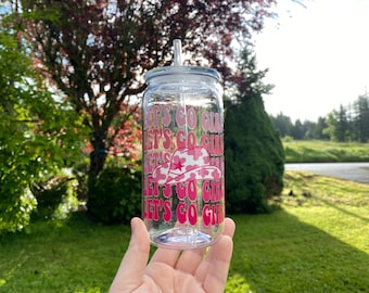 Vaquera, rosa, verano, despedida de soltera, vaso de plástico acrílico de 473 ml (16 oz), tapa y pajita, doble cara