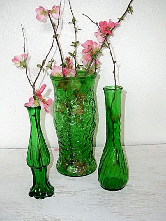 Items similar to emerald green glass flower vases set of three
