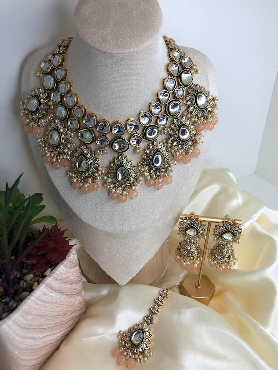 Light Peach Kundan Necklace Set: Indian Jewelry With Tikka