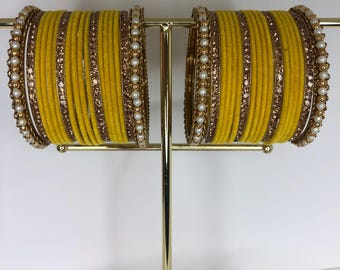 Gold Pearls and Yellow Bangles stacks for both Hands