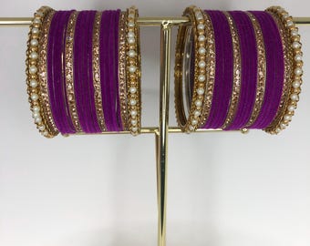 Purple and Gold Pearls bangles stack for both hands