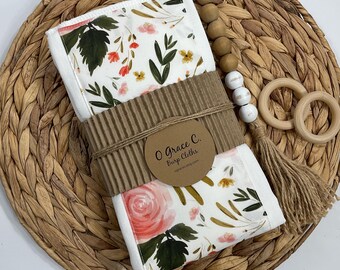 Floral Burp Cloths Set - Cotton Baby Burpies, Shower Gift (3 pk)