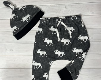 Moose joggers - Baby Leggings -Baby Clothes - Unisex Baby Gift - Moose Pants - Matching Hat