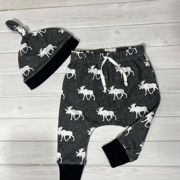 Moose joggers - Baby Leggings -Baby Clothes - Unisex Baby Gift - Moose Pants - Matching Hat