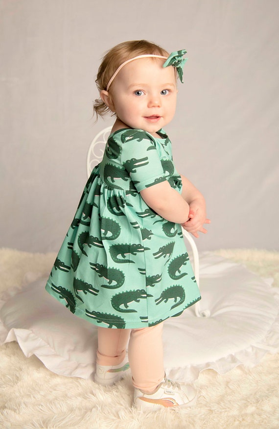Toddler Dress- Crocodile themed Dress- Girls Dresses-Matching Head Band