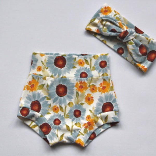 Sunflower Bummies and Headband set - High Waisted shorts - Diaper cover