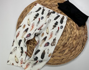 Feather Baby Leggings with Black Headband – Cotton Blend Toddler Pants
