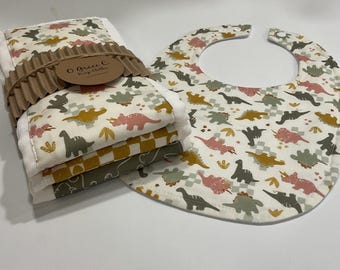 Dinosaur Baby Burp Cloth Set, Cotton Bib, Shower Gift
