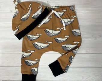 Baby joggers - Baby Leggings- Whale Pants - Matching hat - Baby clothes - Unisex baby gift