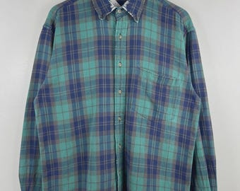 Vintage 90s American Eagle Plaid Thrashed Green Long Sleeve Button Up Size M