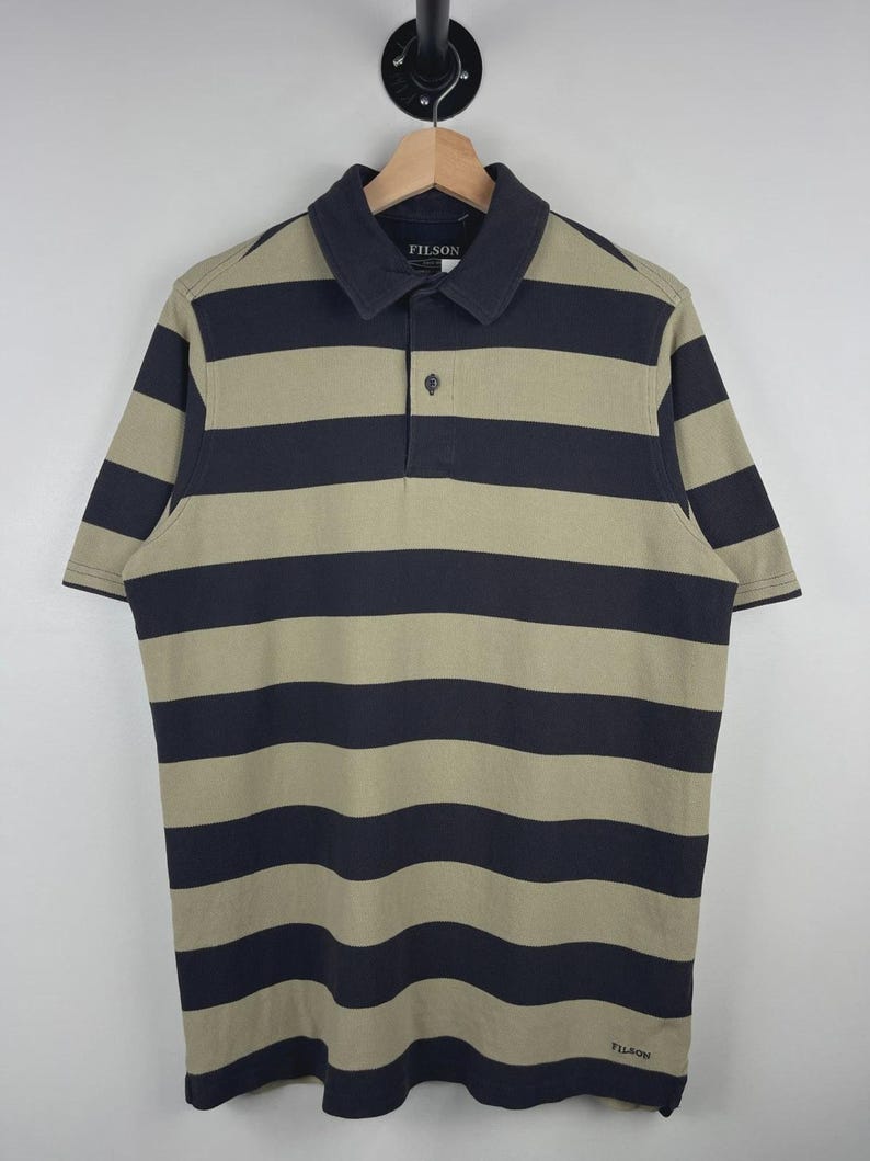 Vintage Filson Striped Black & Beige Polo Shirt Size S image 1