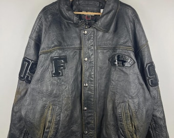 Vintage Fubu Sports verblasste schwarze Leder Bomberjacke Größe 3XL