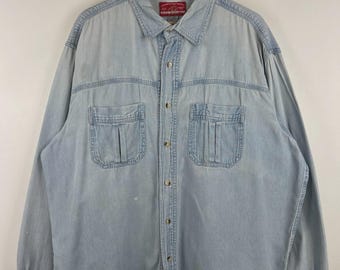 Camisa vintage de los 90 de Marlboro Country Store, azul vaquero, manga larga con botones, talla XL