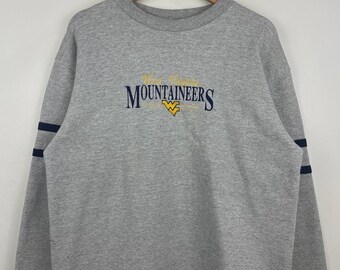 Sudadera vintage de los 90 de los West Virginia Mountaineers, bordada, gris, cuello redondo, talla M