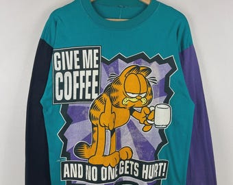 Camiseta vintage de los 90 de Garfield con estampado de bloques de color y manga larga, talla M.