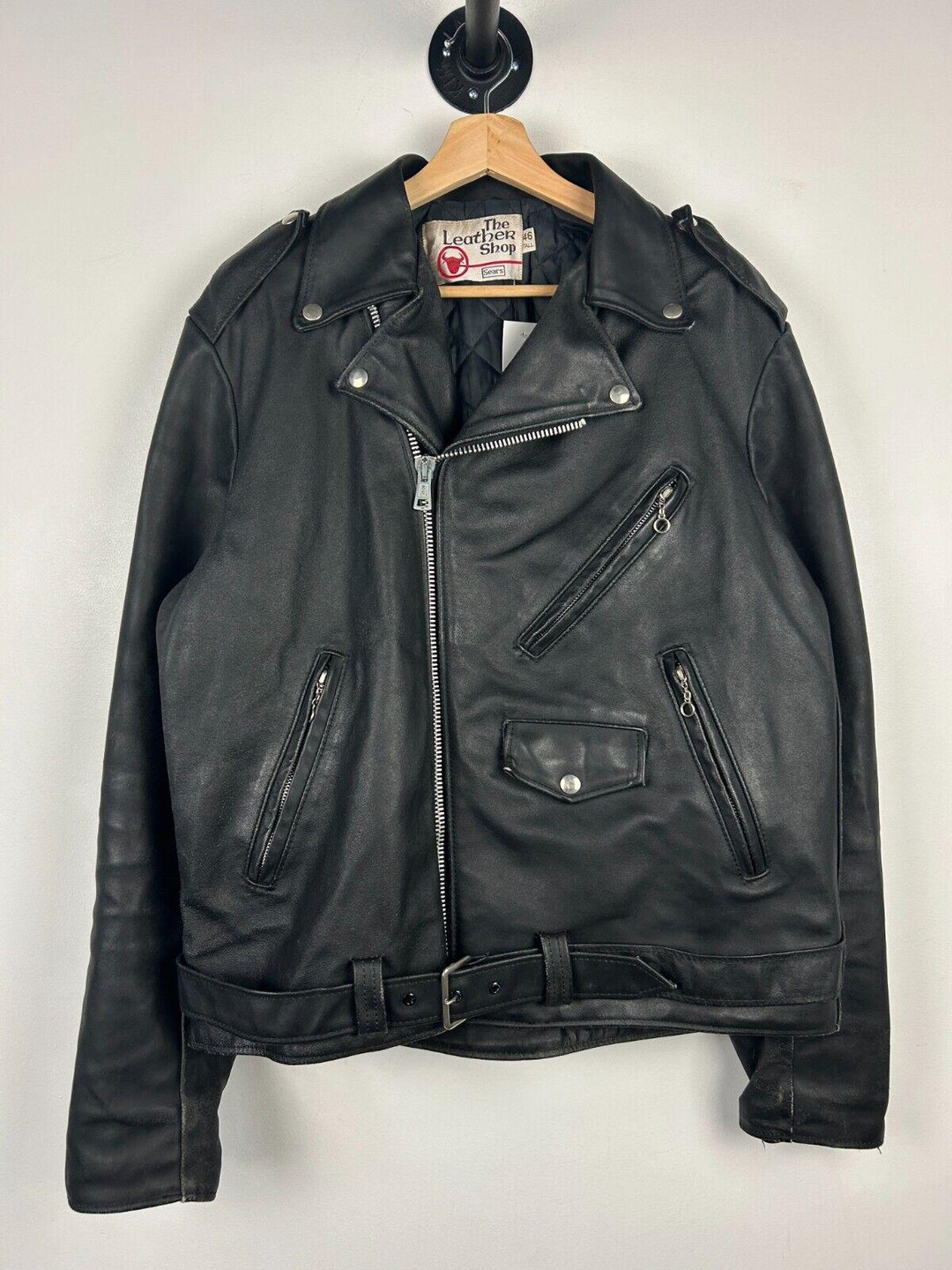 ▪️70‘s【SEARS】 LEATHER JACKET シアーズ レザー 黒 VTG Leather Biker Jacket Sears The Leather Shop Mens 44 X