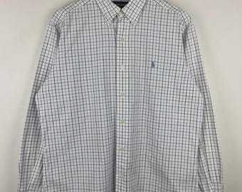 Vintage jaren 90 Ralph Lauren Golf geruit wit en blauw shirt met lange mouwen en knoopsluiting