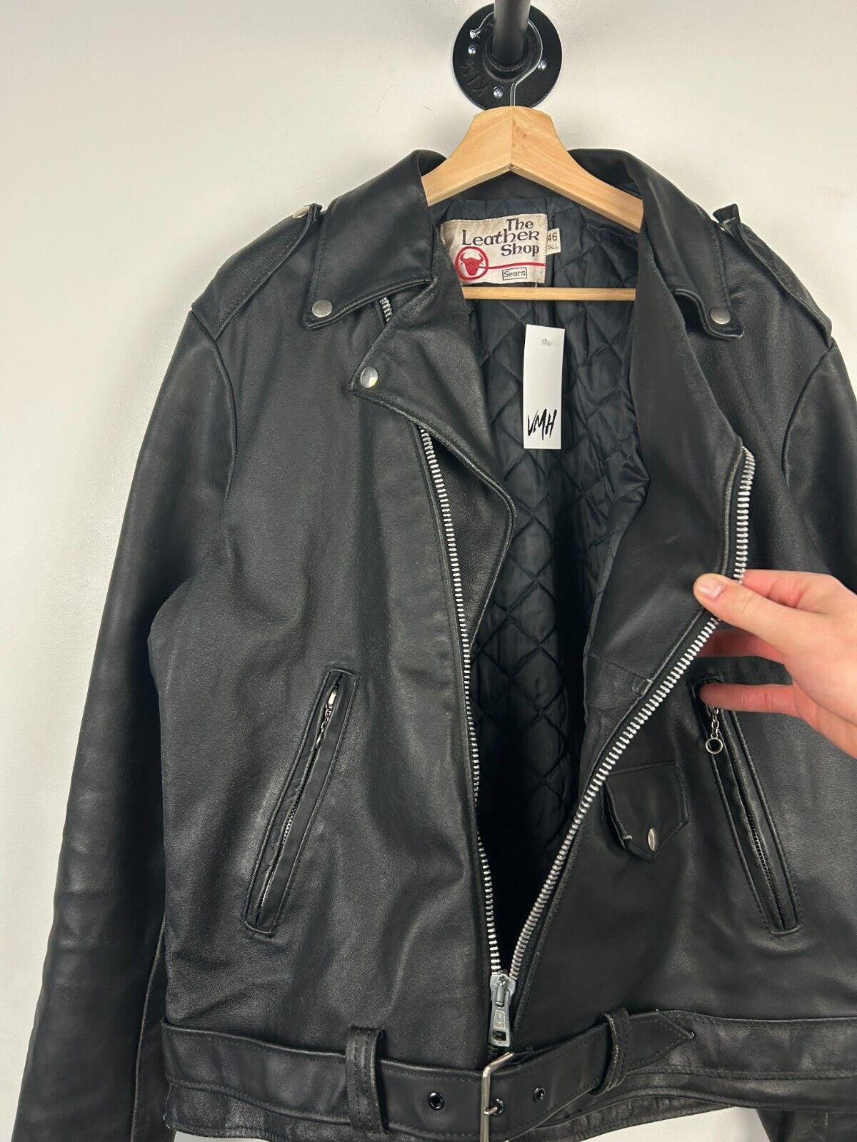 ▪️70‘s【SEARS】 LEATHER JACKET シアーズ レザー 黒 VTG Leather Biker Jacket Sears The Leather Shop Mens 44 X