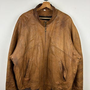 Blouson aviateur en cuir marron délavé vintage des années 90, taille XL