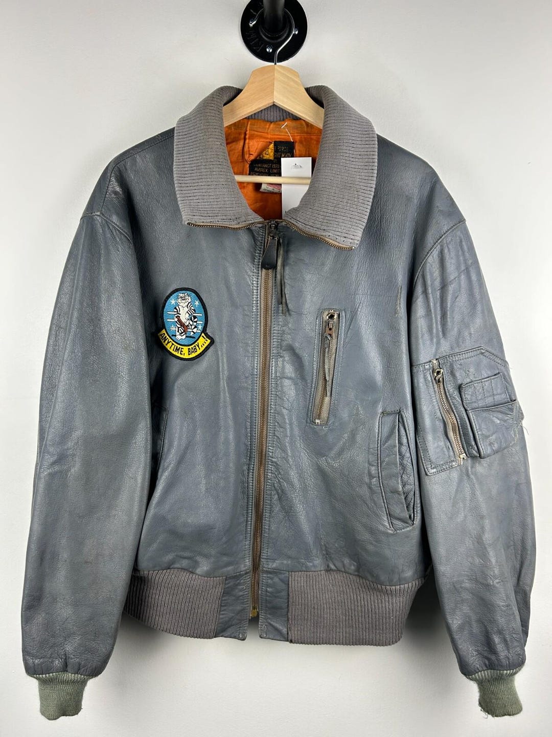 Vintage 70s Avirex Royal Air Force Patch Grey Leather Bomber