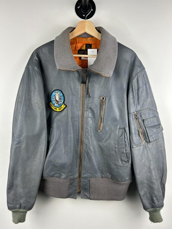 Vintage 70s Avirex Royal Air Force Patch Grey Leather Bomber