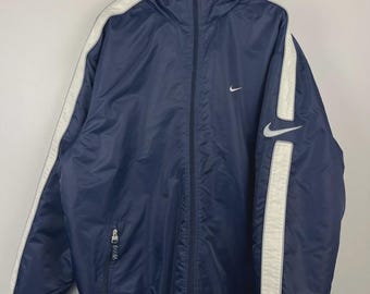 Vintage Nike Swoosh Navy & White Fleece Lined Hooded Jacket Size XL