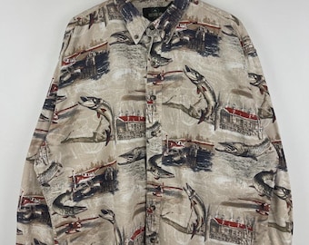 Vintage 90s Red Head Fishing Beige Button Up Long Sleeve Shirt Size L