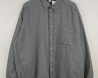 Vintage 90s Tommy Hilfiger Crest Plaid Black & White Flannel Long Sleeve Shirt