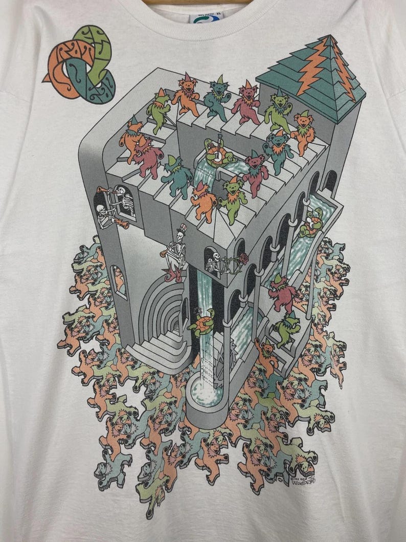 Vintage 90s Liquid Blue Grateful Dead MC Escher Art All Over Print White Tee XL image 3