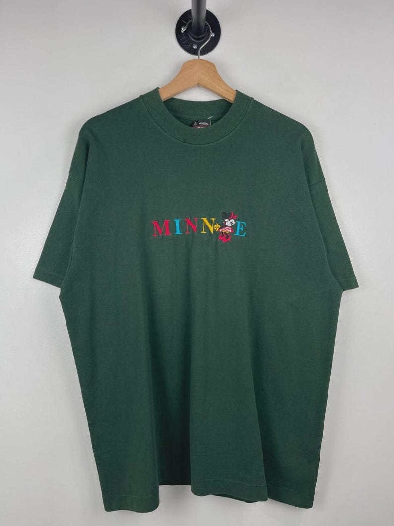 Vintage 90s Disney Minnie Mouse Embroidered Green Tee Size L image 1