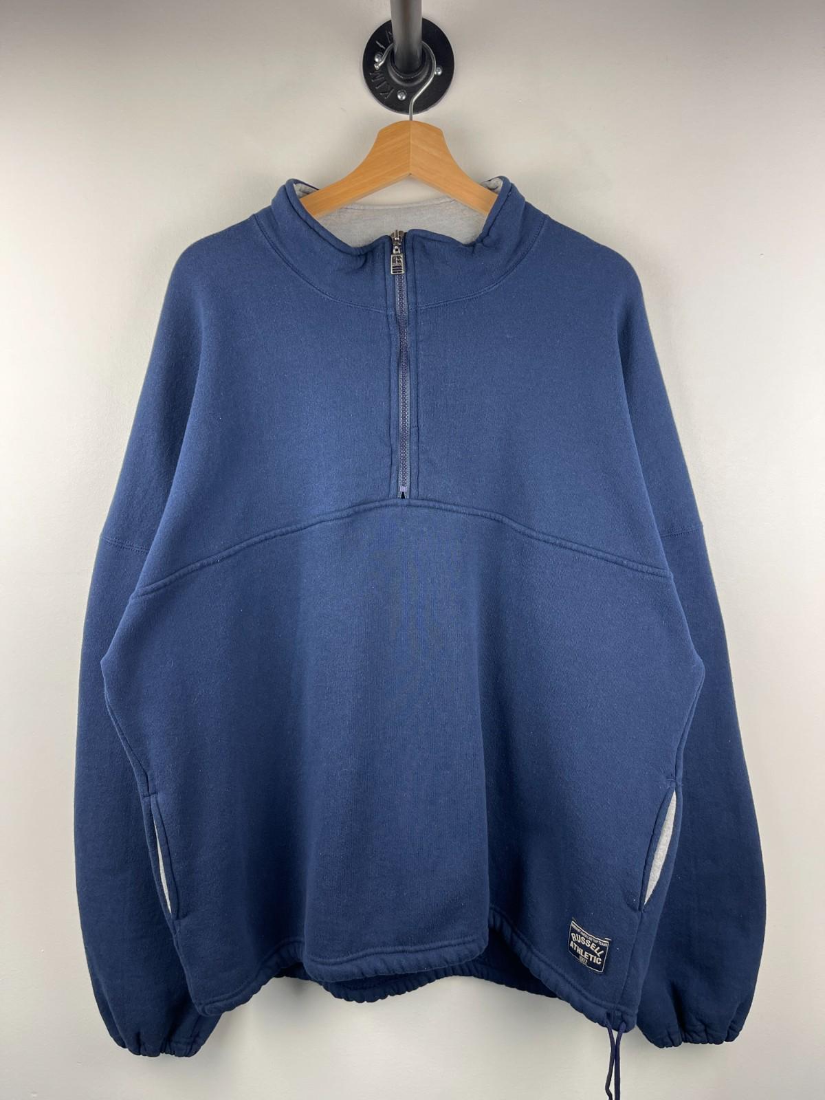 Vintage 90s Russell Athletic Blank Navy Quarter Zip Sweater Size 