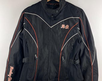 Vintage Harley Davidson bestickte Black & Orange Damen Bikerjacke Größe S