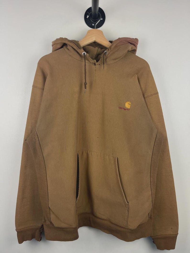 Sudadera con capucha Carhartt vintage de los 90, bordada, color marrón desgastado, talla XL imagen 1