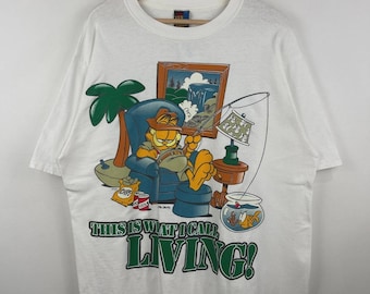 Vintage 90s Garfield Fishing The What I Call Living White Tee Size L
