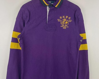 Polo Ralph Lauren vintage anni '90, viola, ricamata, a maniche lunghe, taglia S